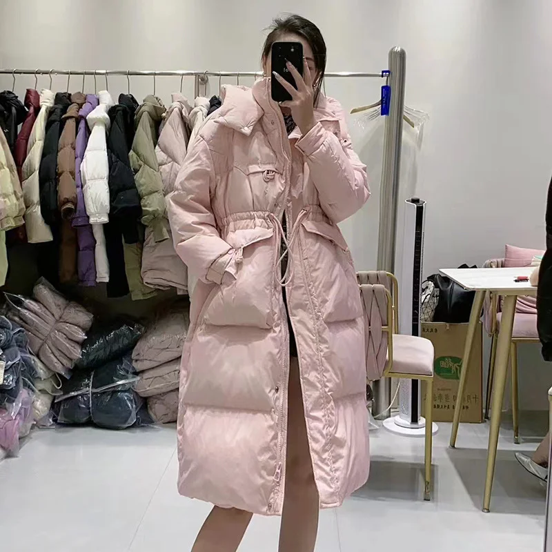 Toloer Fashion Waist Hooded Long Down Jacket Female 2024 Winter New Show Thin Three Plate Buckle Warm Coat-Outfit Ideas