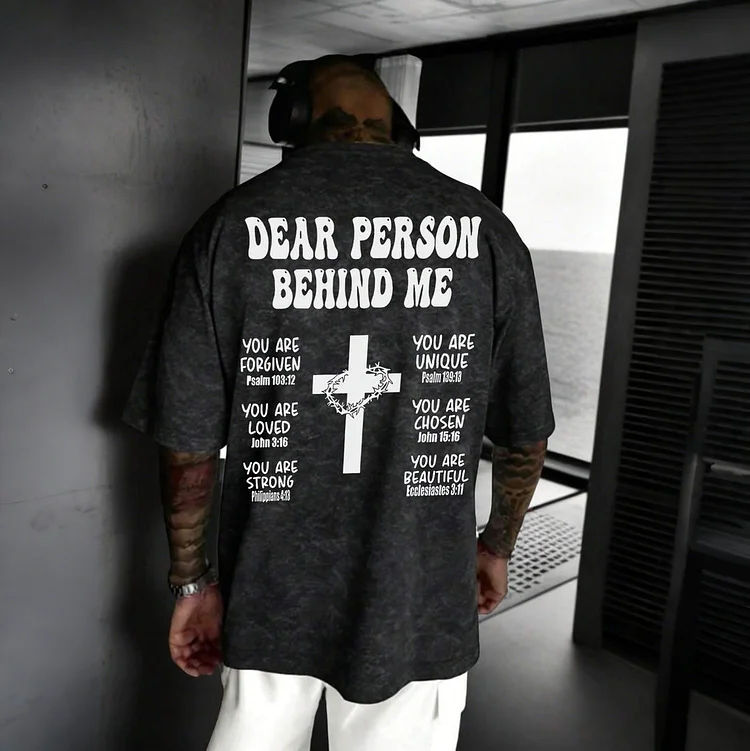 Washed Casual Versatile Simple English Slogan & Cross Print Short Sleeve T-Shirt