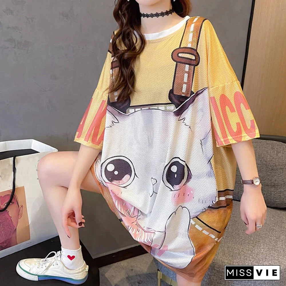 Cartoon Cat Print Loose T-Shirt