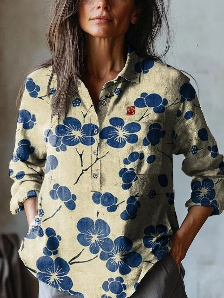 Women's Japanese Bule Classic Plum Blossom Art Print Casual Cotton And Linen Shirt