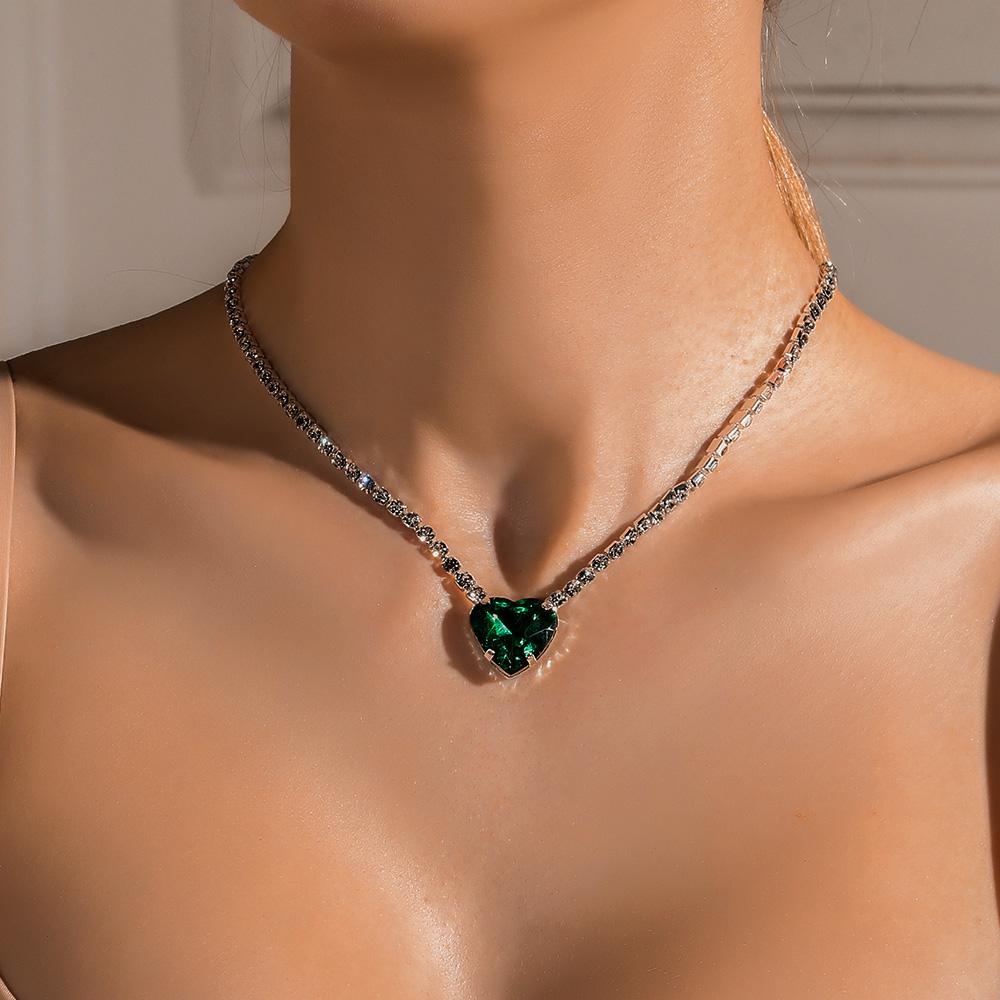 Green Heart Pendant Rhinestone Necklace Chain Bridal Wedding Jewelry | Oxredo Shop Ramadan Sale