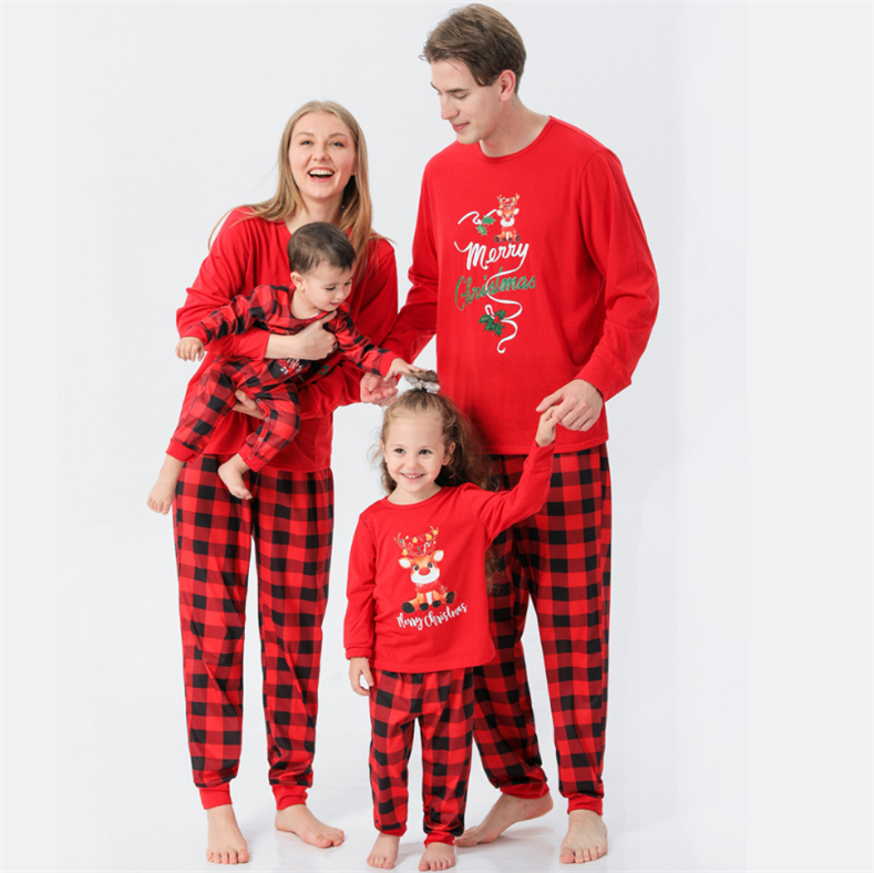 Christmas round collar red print parent-child suit (with Pet Dog Clothes)