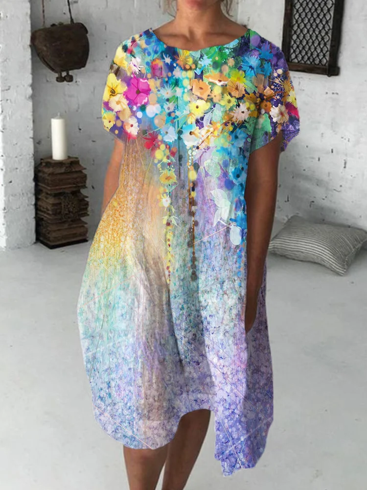 Abstract Flower Art Short Sleeve Midi Dress
