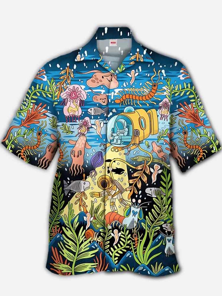 Eye-Catching Psychedelic Cartoon Undersea World Adventure Printing Cuban Collar Hawaiian Short Sleeve Shirt BestDVibe