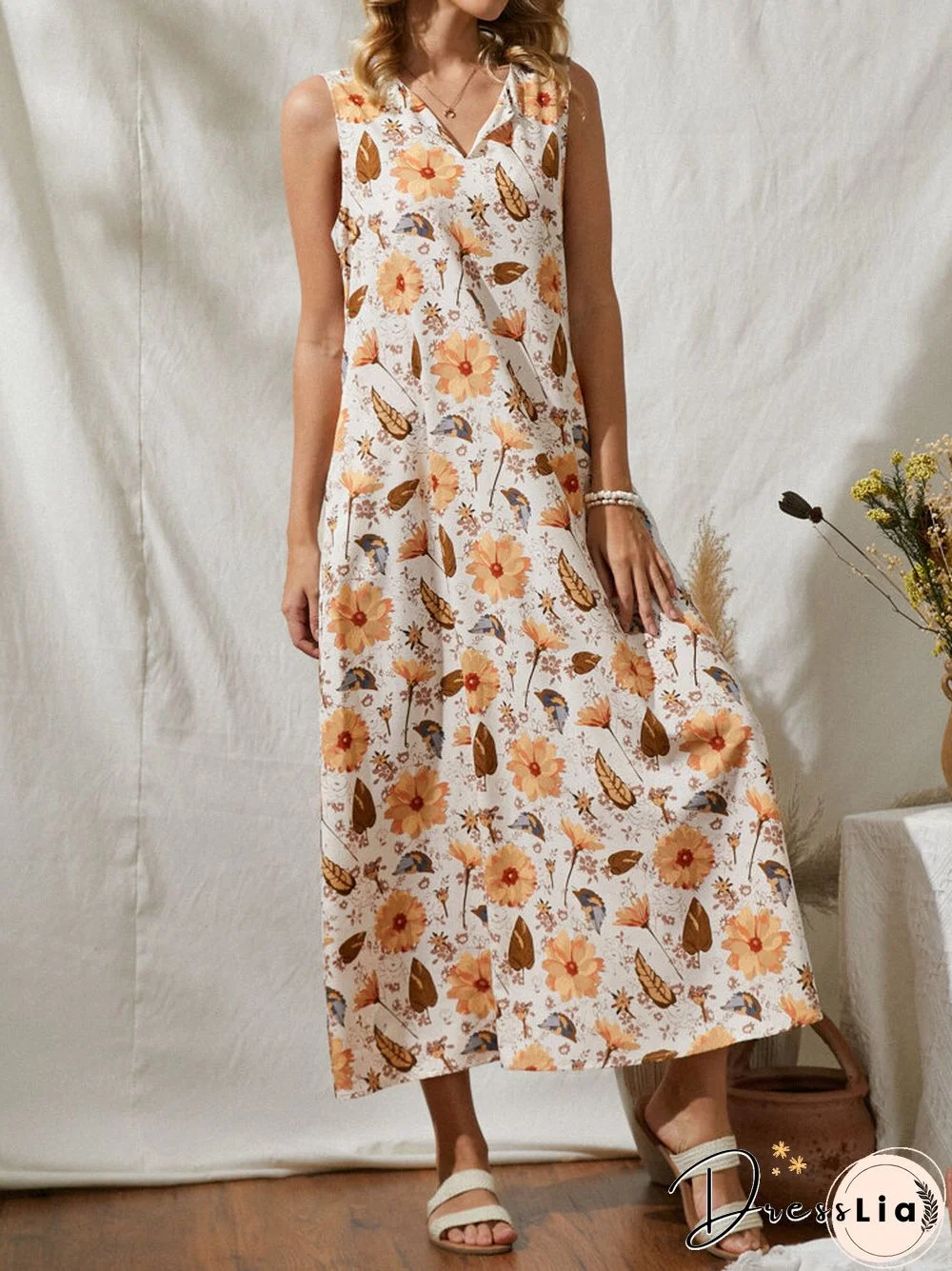 Flower Leaves Print V-neck Sleeveless Women Loose Maxi Dress