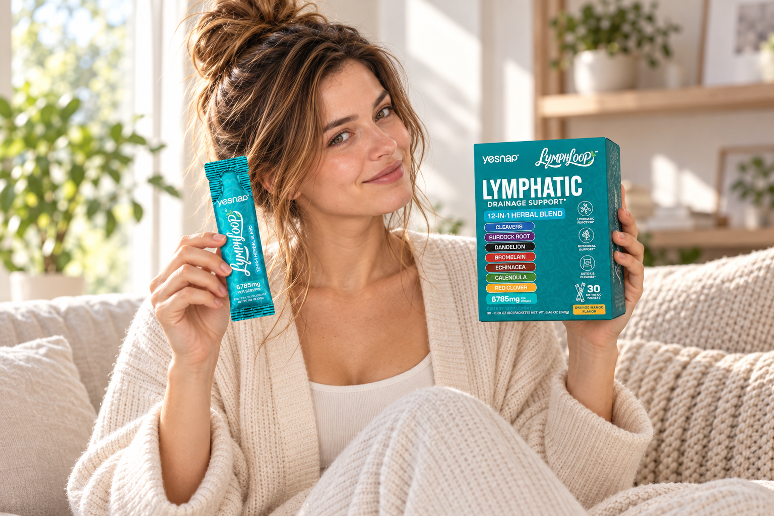 Woman at home holding a YESNAP LymphLoop box and individual liquid stick pack