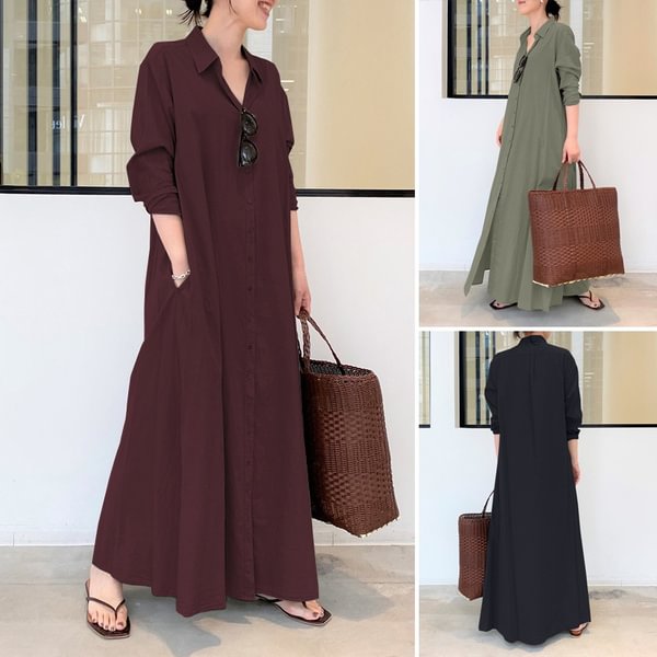 Women Long Sleeve Collared Solid Casual Loose Kaftan Baggy Shirt Dress - BlackFridayBuys