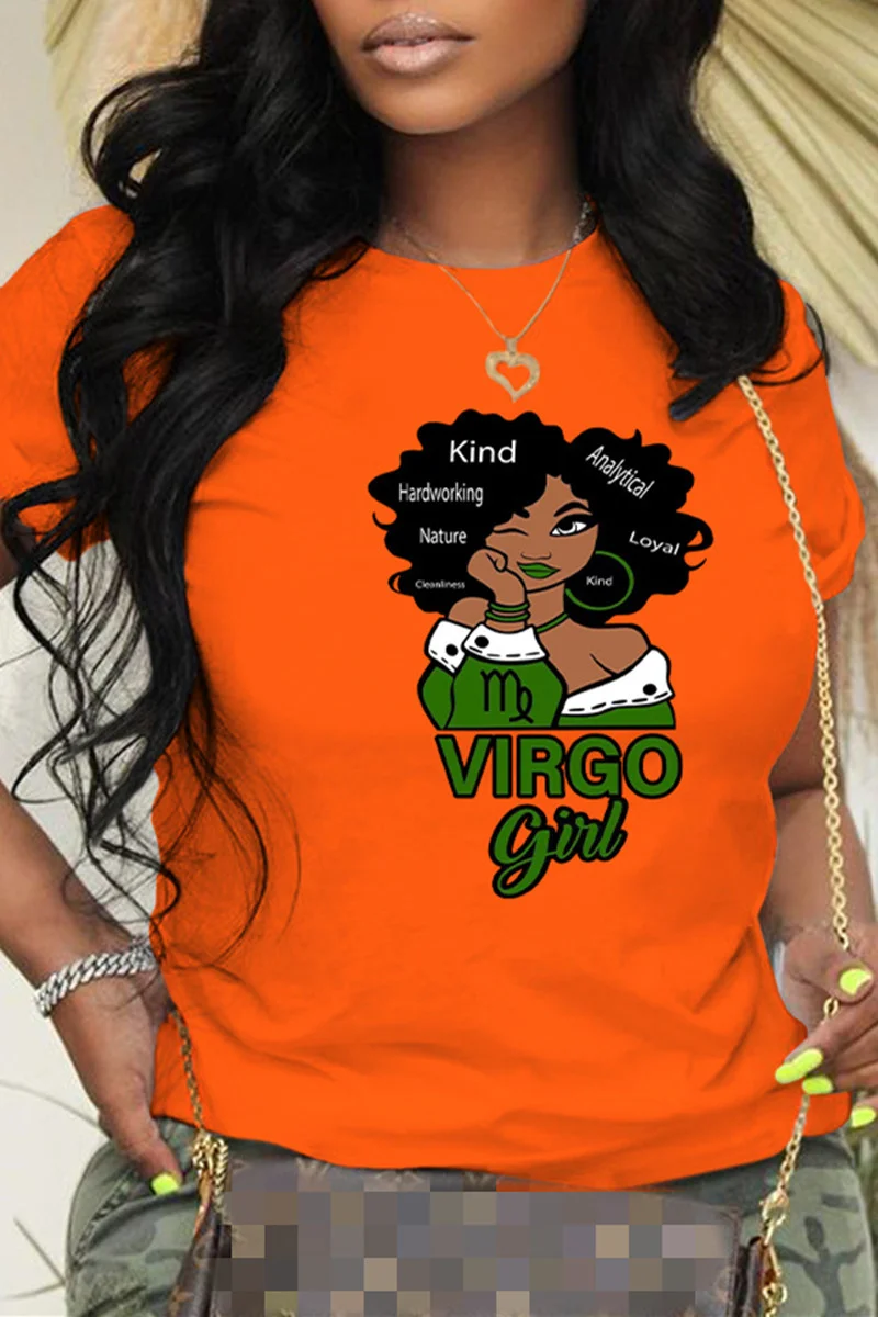 Orange Fashion Casual Print Basic O Neck T-Shirts | EGEMISS