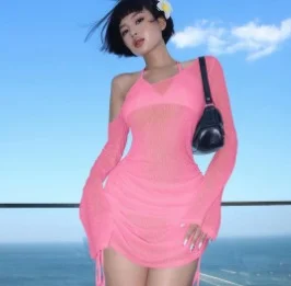 Uveng Uveng Spring And Summer New Sexy Fashion Wrinkle Hood Perspective Diagonal Collar Seaside Beach Dress