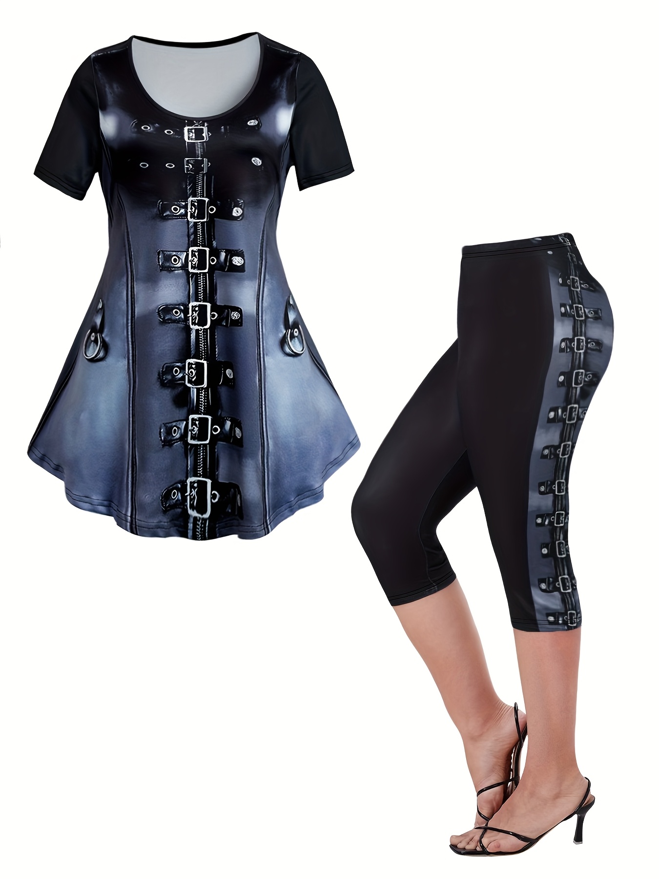 Casual Patchwork Print Two-Piece Pants Set, Short Sleeve Crew Neck T-Shirt & Skinny High Waist Pants Outfits, Women's Clothing | IFYHOME