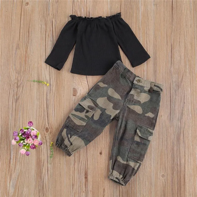 2 Pcs Baby Girl's Casual Suit, Solid Boat Neck Long Sleeve Ribbing Elastic Top Leopard Camouflage Tie Dye Loose Trousers Pocket