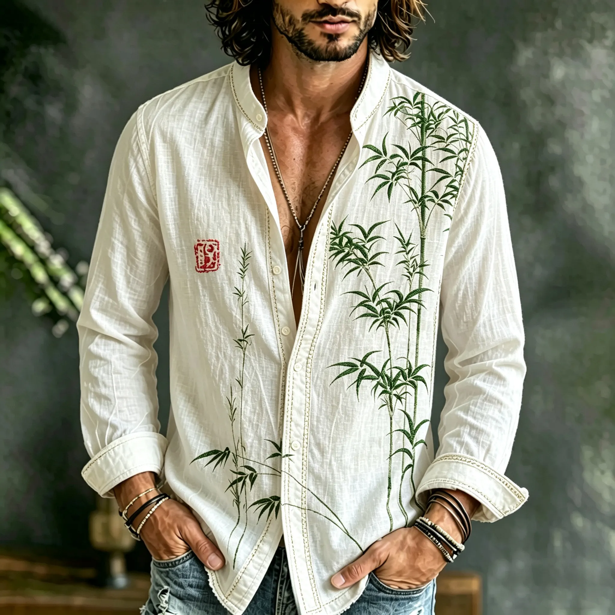 Men's Vintage Japanese Bamboo Art Embroidered Linen Shirts  artssus