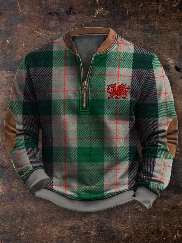 Men's Welsh Dragon Embroidered Tartan Cozy Sweatshirt