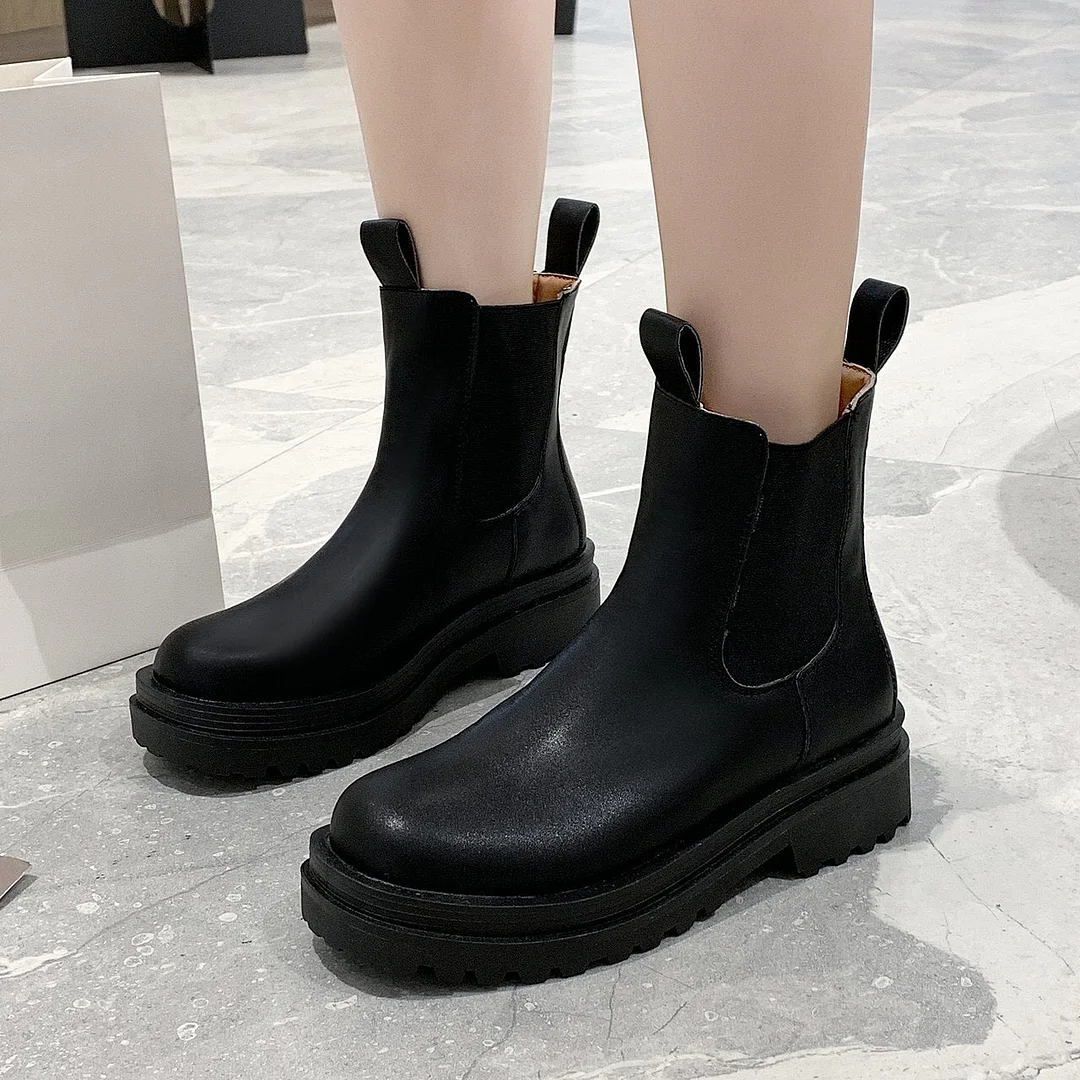 Street Trend Women Short Tube Chelsea Boots Black Slip-on Ladies Punk Ankle Boots Leisure PU Rain Boots Women Fur Platform Shoes