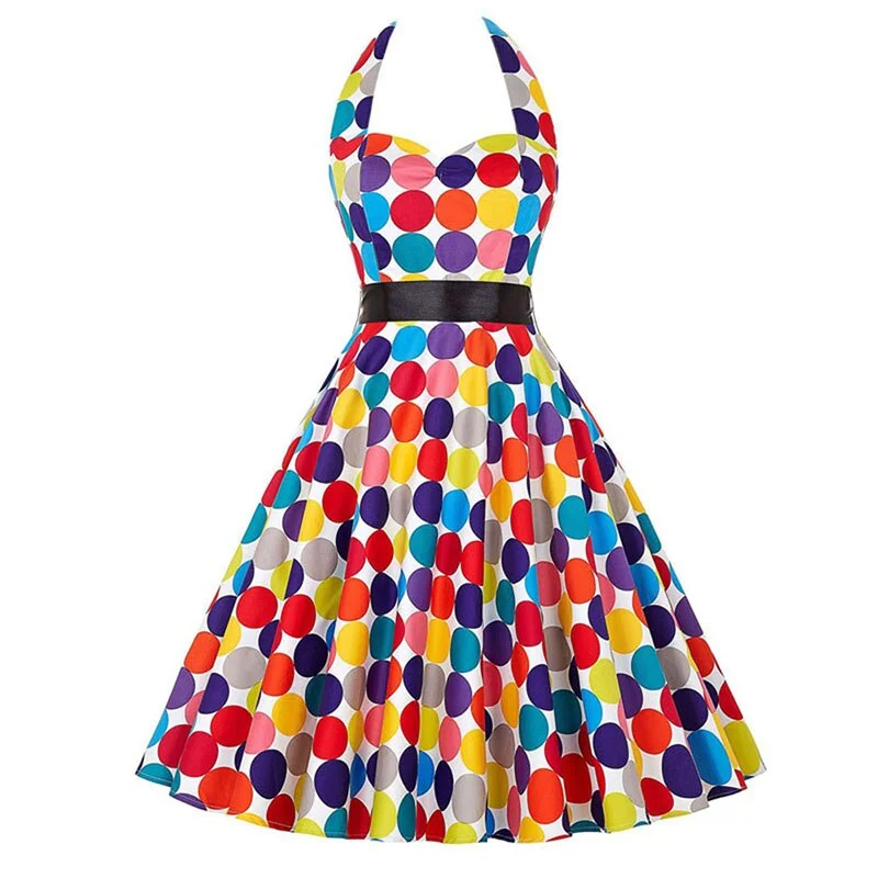 Summer Casual Dress Women  Polka Dot Retro Swing Gown Pin Up Robe Vintage 60s 50s Rockabilly Sundress