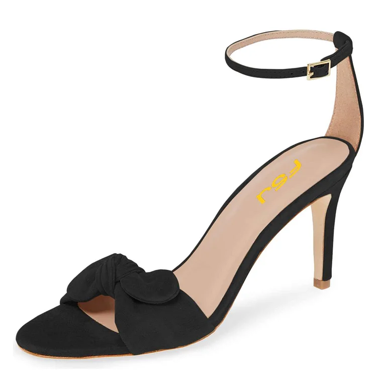 Black Vegan Suede Tie Ankle Strap Heels Sandals |FSJ Shoes