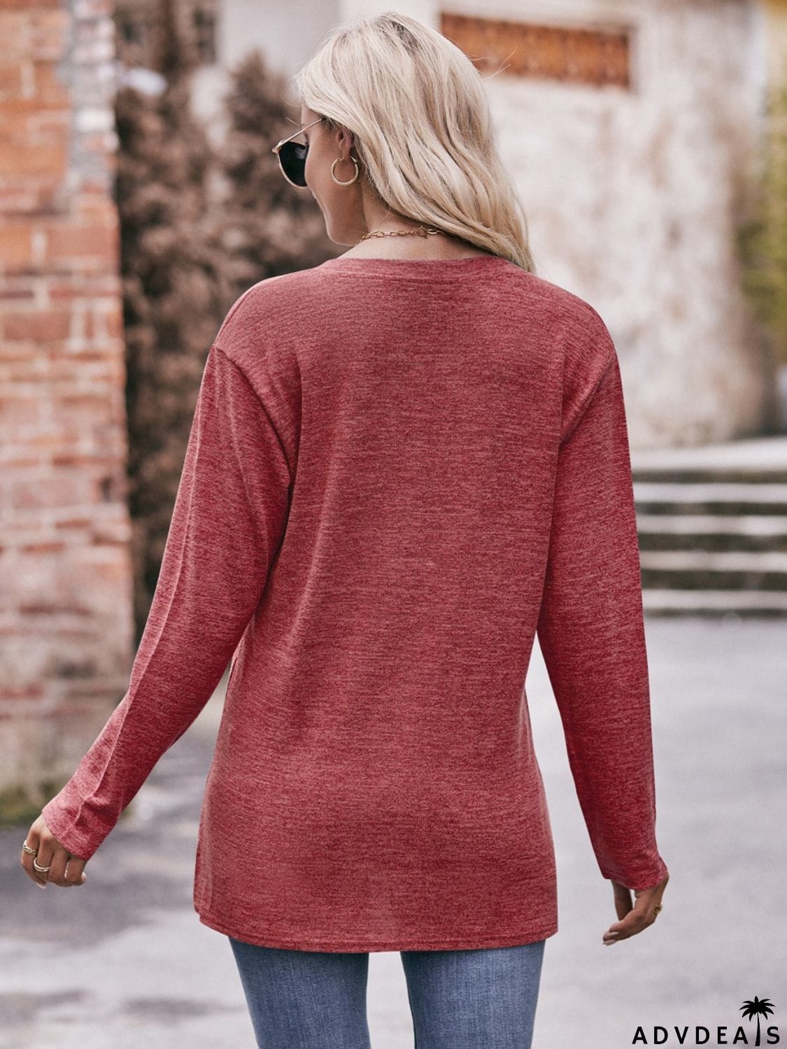 Buttoned Notched Neck Long Sleeve Top