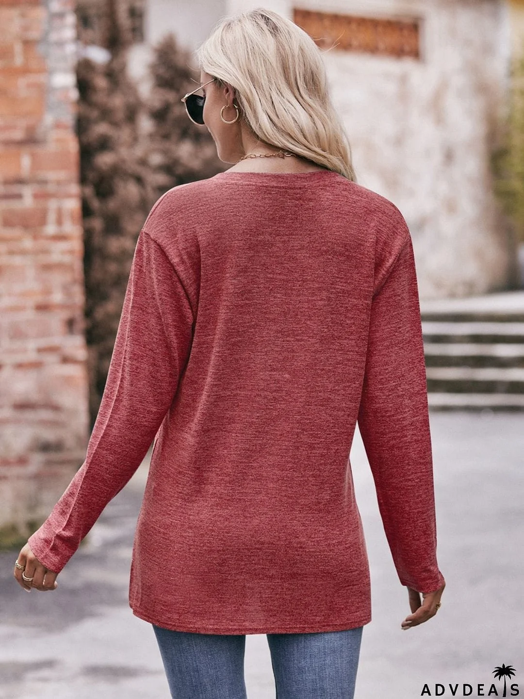 Buttoned Notched Neck Long Sleeve Top