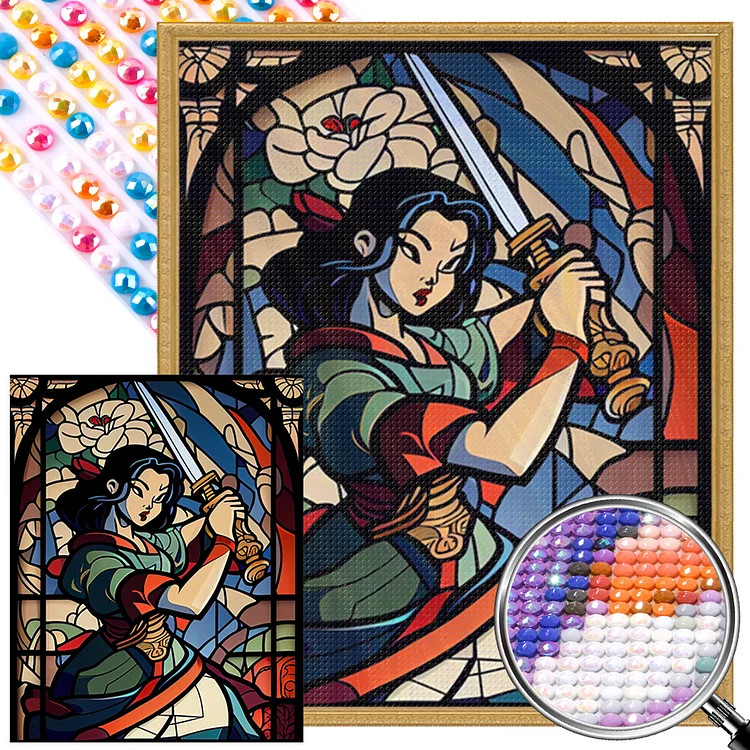 Partial AB Drill - Full Round Diamond Painting - Glass Art - Girl With Sword 40*50CM