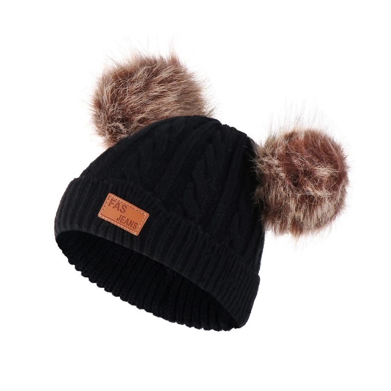 Autumn And Winter Children’s Thickened Wool Hat Ear Double Hair Ball Warm Ear Protection Knitted Hat Set With Standard Solid Color Hat