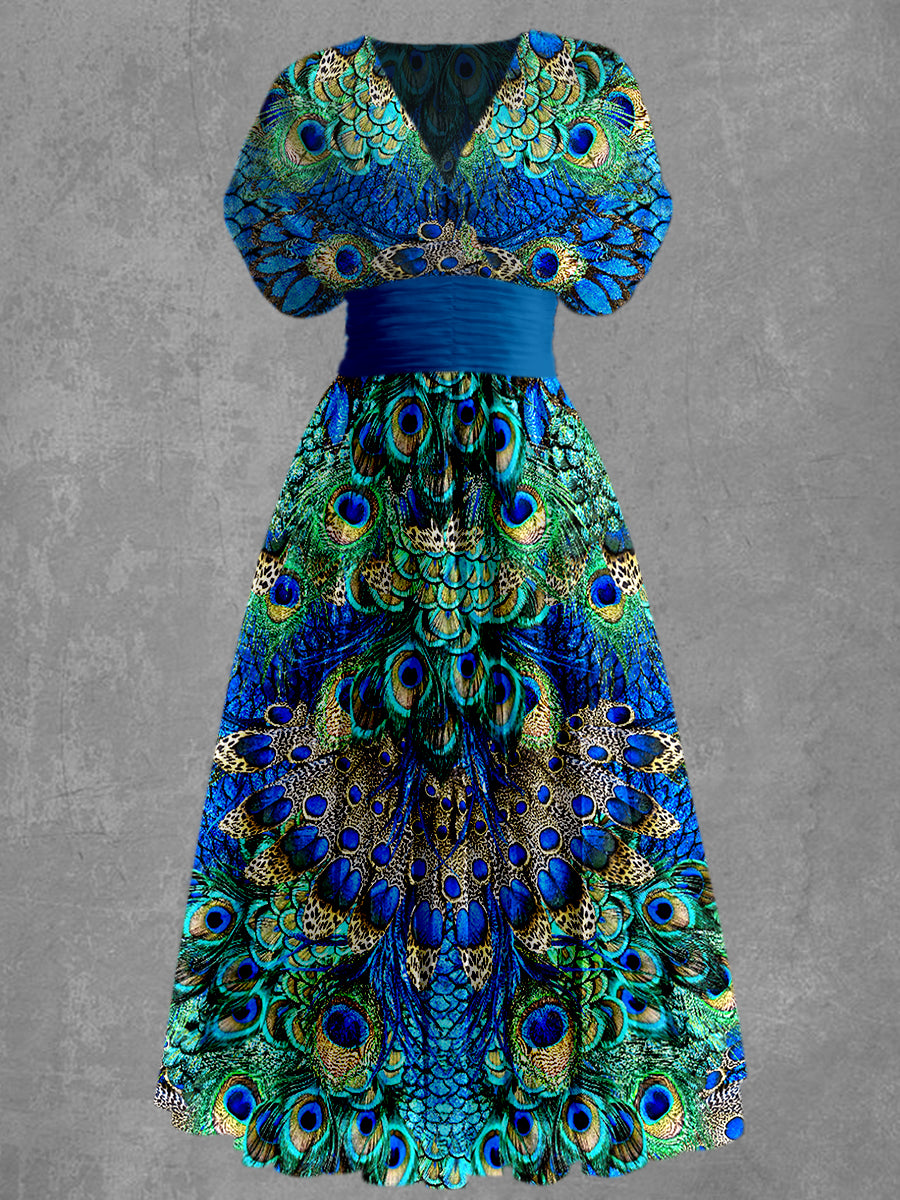 Peacock Feather Print Elegant V-Neck Chic Short Sleeve Maxi Dress