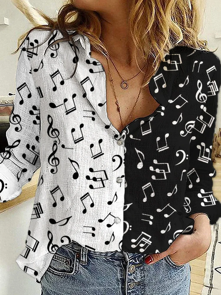 Music Notes Contrast Color Woven Blouse