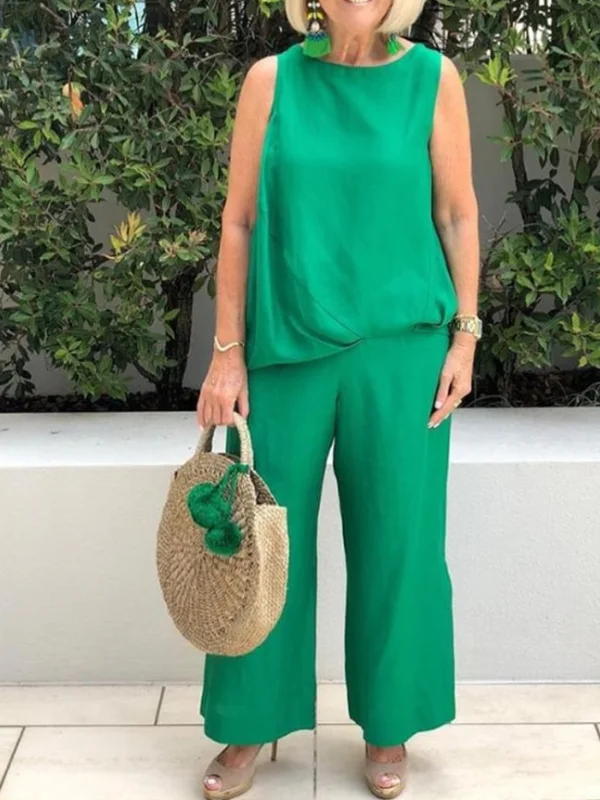 Leg Pants Sleeveless round Neck Shirt Cotton and Linen Two-Piece Suit