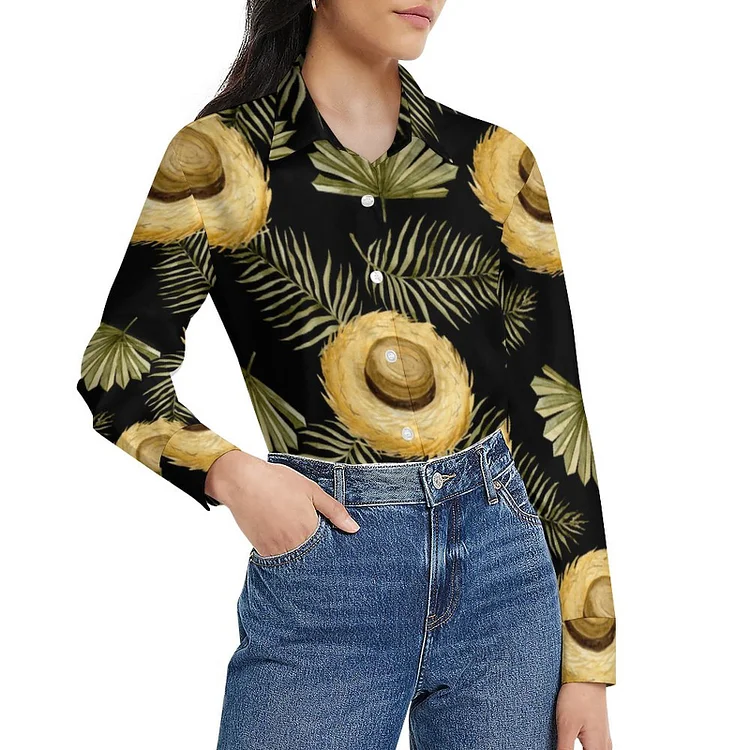 Women Straw Hats And Greenery Tropical Plants Lumbar Long Sleeve Button Down Blouses Lady Dressy Casual Print Office Tops - Heather Prints Shirts