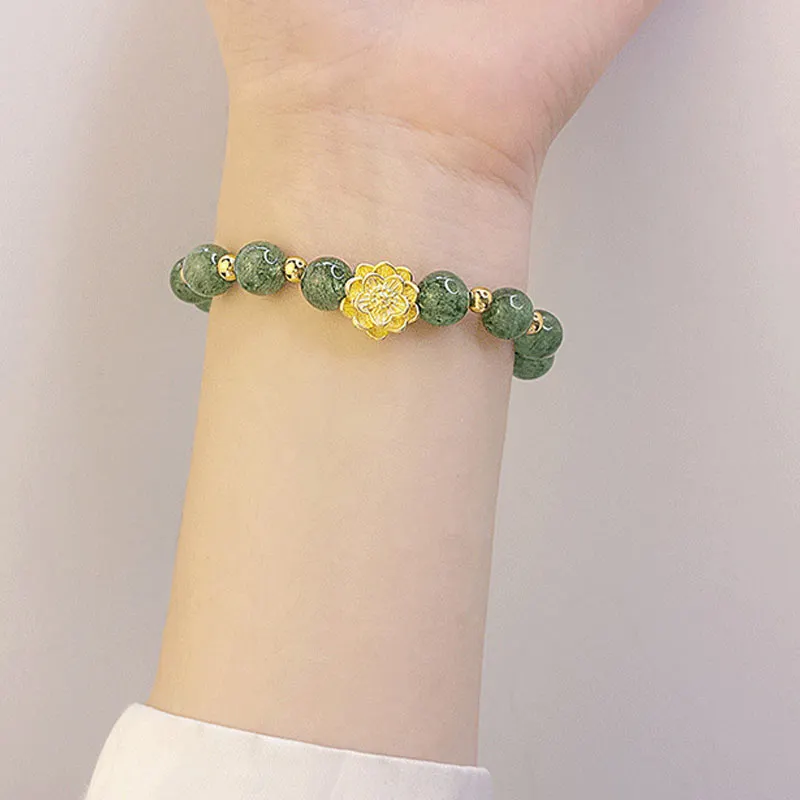 Lotus 925 Sterling Silver Green Strawberry Quartz Soothing Bracelet