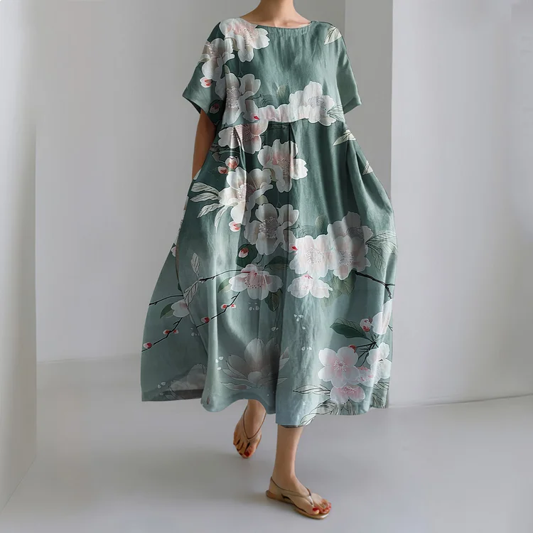 VChics Japanese Art Blossom Print Round Neck Short Sleeve Casual Midi Dress