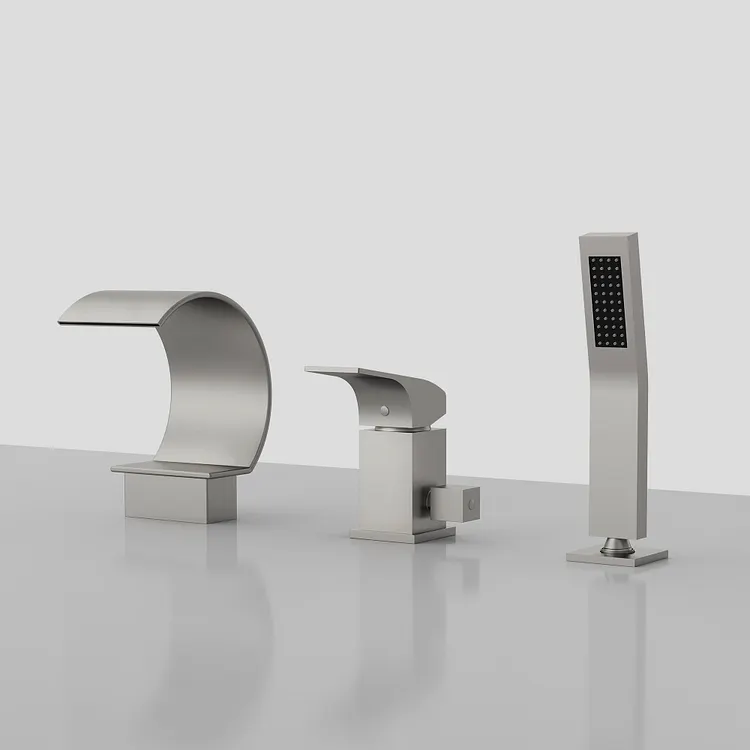 EVERSTEIN Deck Mount Waterfall Bathtub Faucet with Hand Shower in Brushed Nickel