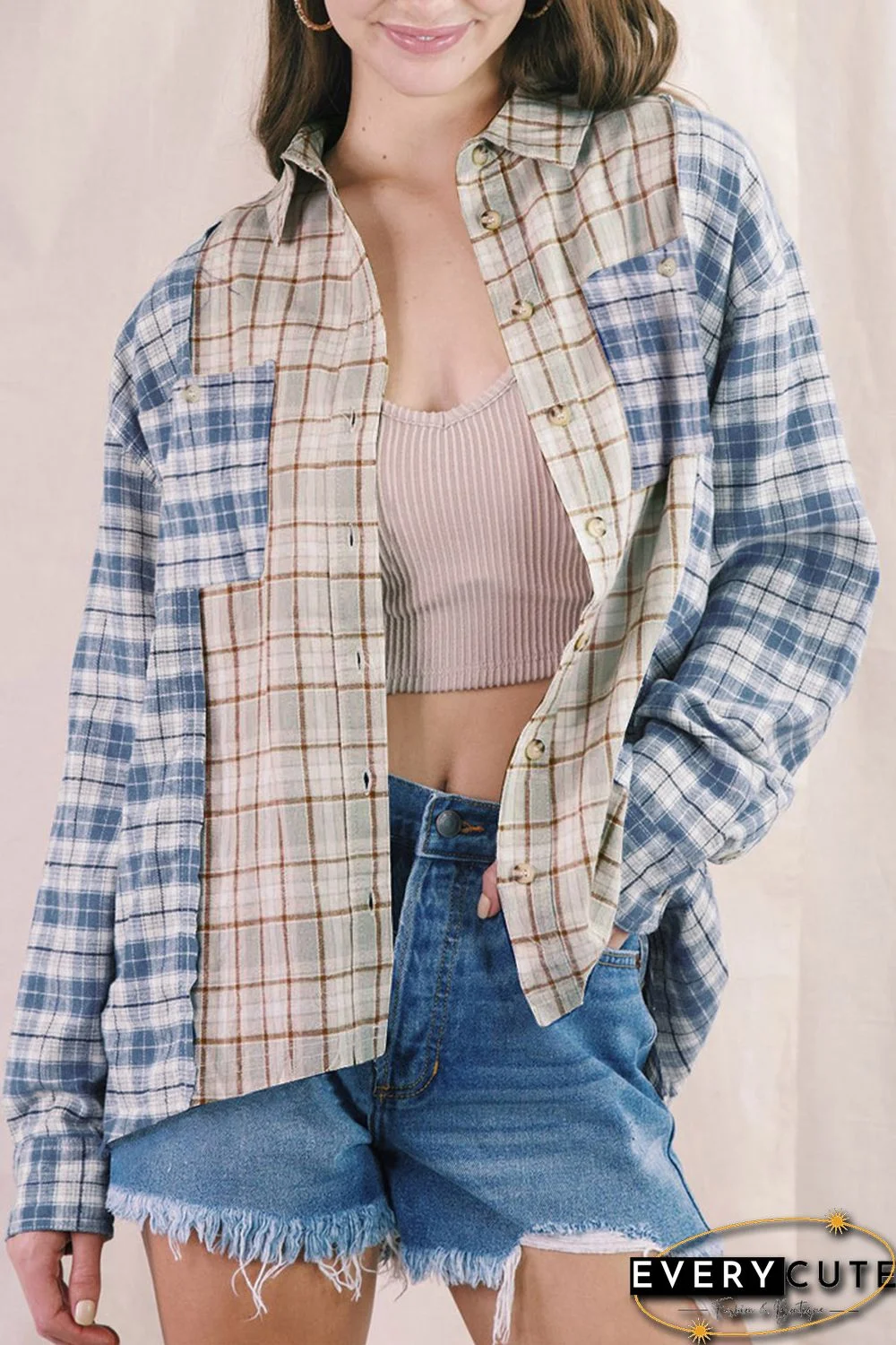 Sky Blue Plaid Color Block Pocket Button-up Long Sleeve Shirt