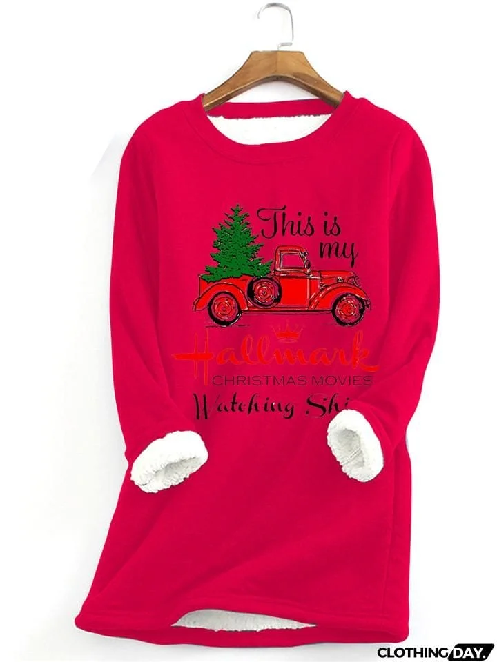 Warm Thick Faux Fleece Lining Christmas Car Print Sweatshirt