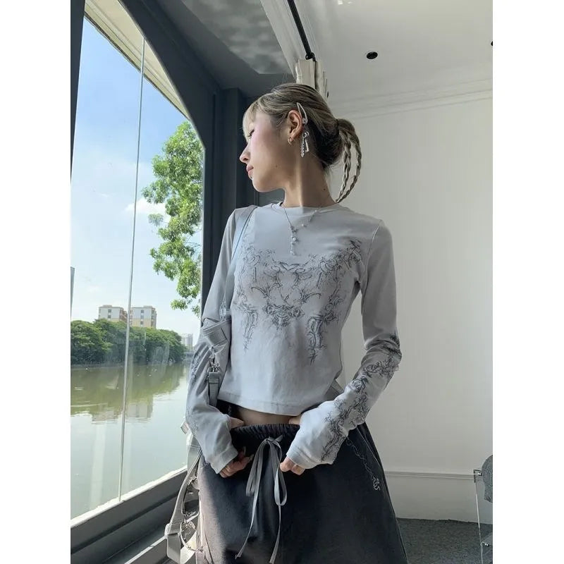 Vintage Women Clothes Y2K T-shirts 2022 Blusas O-neck Long Sleeve Print Tunic Grunge Woman Clothing Fashion Casual Crop Tops EMO LANFUBEISI