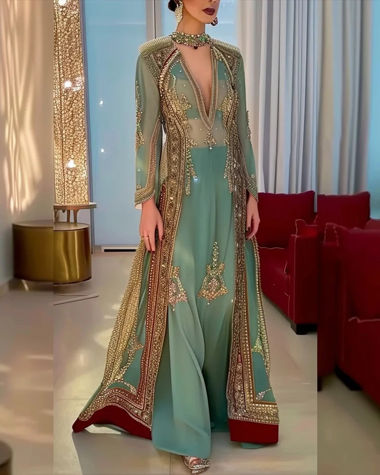 Women's V-neck long-sleeved embroidered Moroccan Dress
