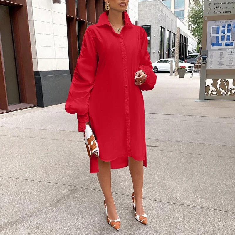 Autumn Dress VONDA 2022 Casual Lapel Collar Asymmetric Hem Solid Party Vestidos Women Long Sleeve Pleated Dresses Femme Robes