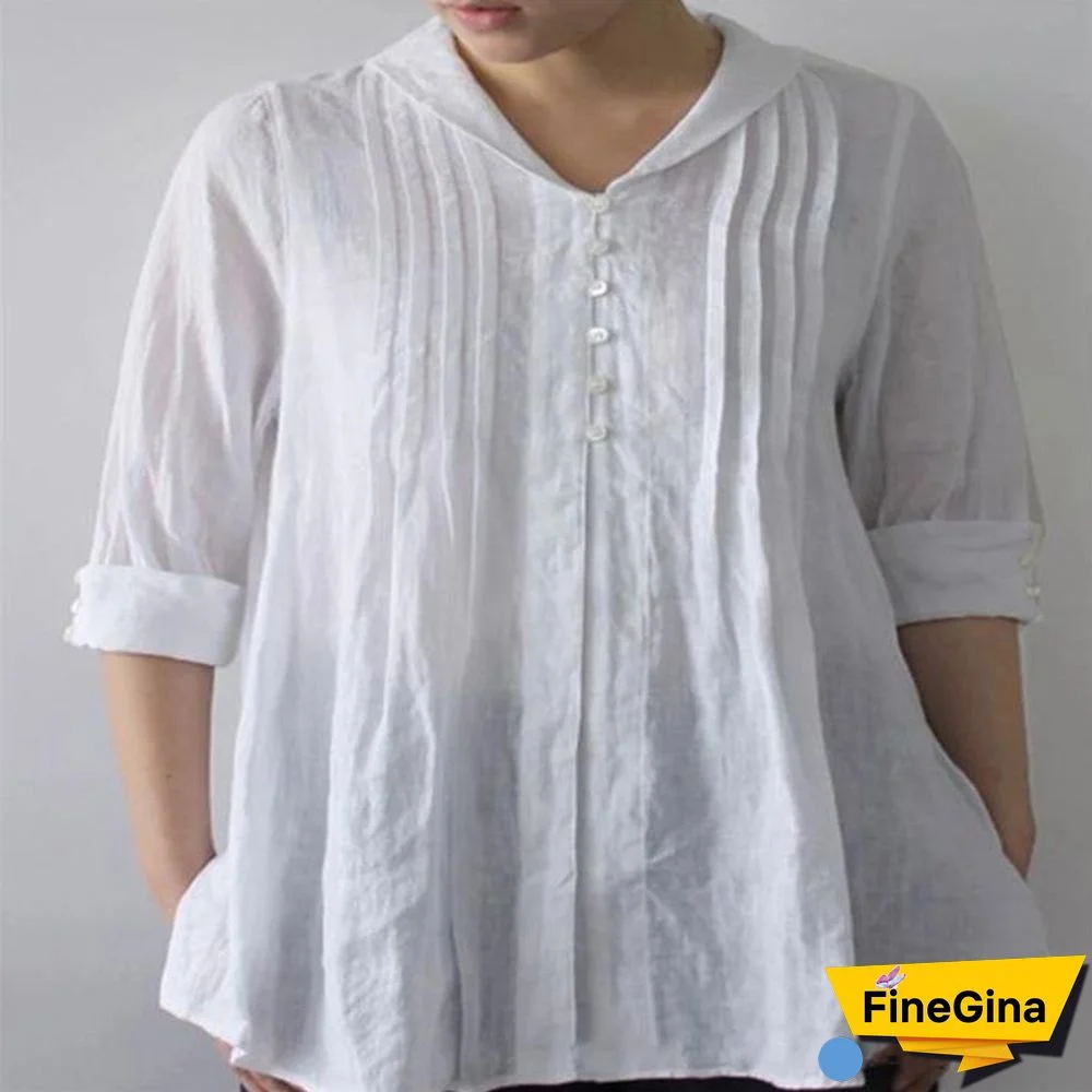 Pure White Cotton&Linen Pleated Button Top