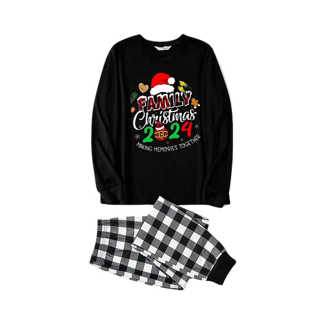Family Christmas 2024 Making Memories Together Text Print Black Long Sleeve Top with Black And White Plaid Pants Family Matching Pajamas