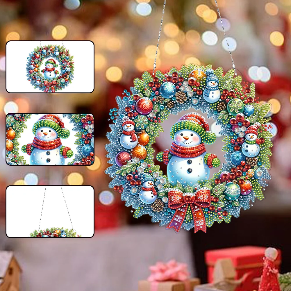 5D DIY Acrylic Special Shape Christmas Snowman Wreath Diamond Painting Ornaments