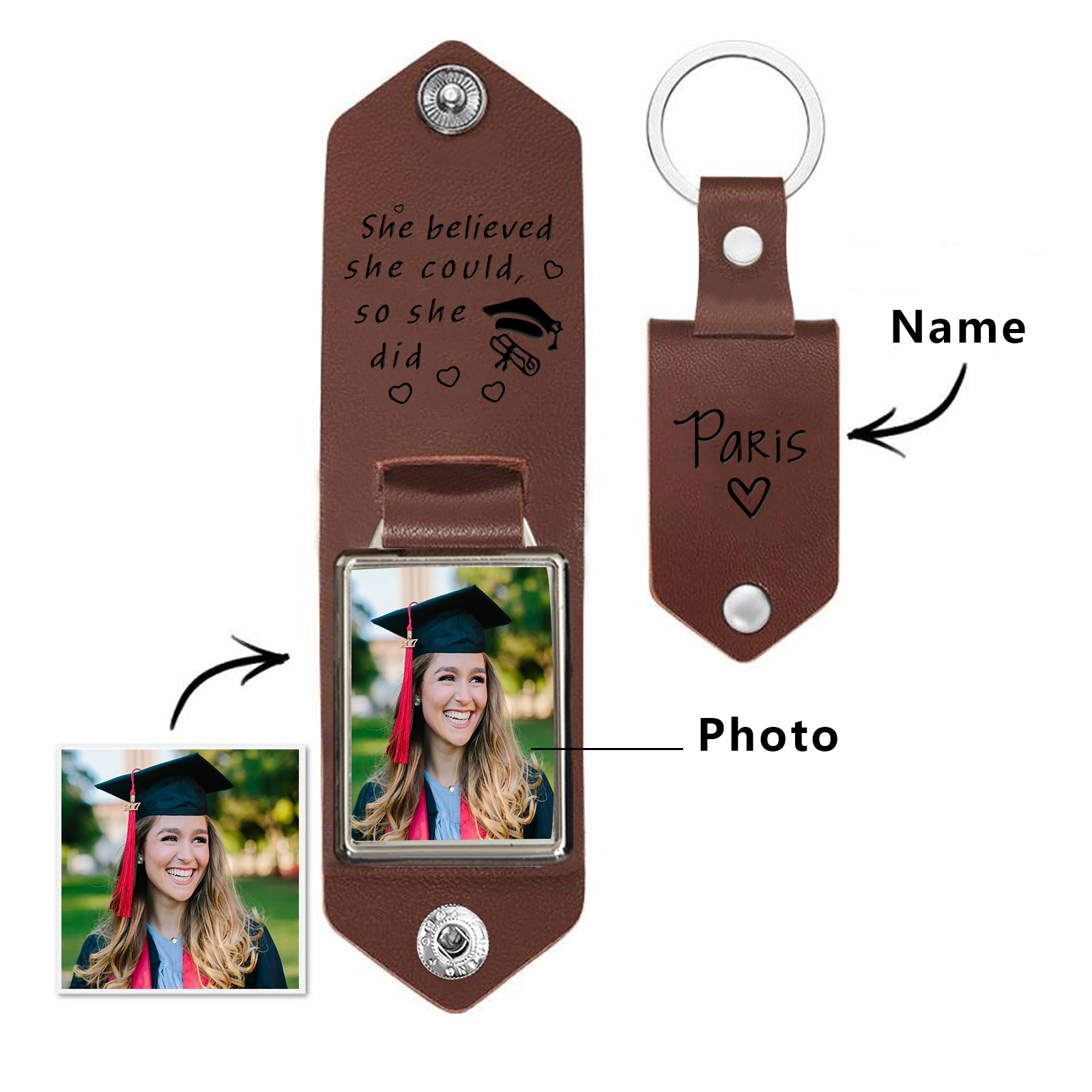 Personalised Graduation Leather Keychain Custom Name & Photo Keychain Graduation Gift - She Believed She Could, So She Did-Jessemade AU
