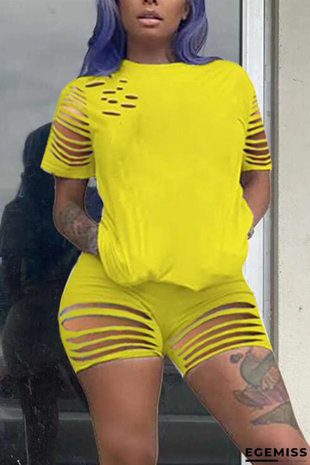 Yellow Fashion Casual Short Sleeve Shorts Set | EGEMISS