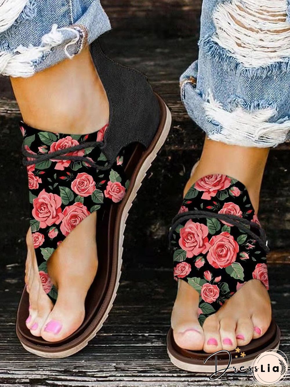 Rose Print Lace-up Thong Sandals