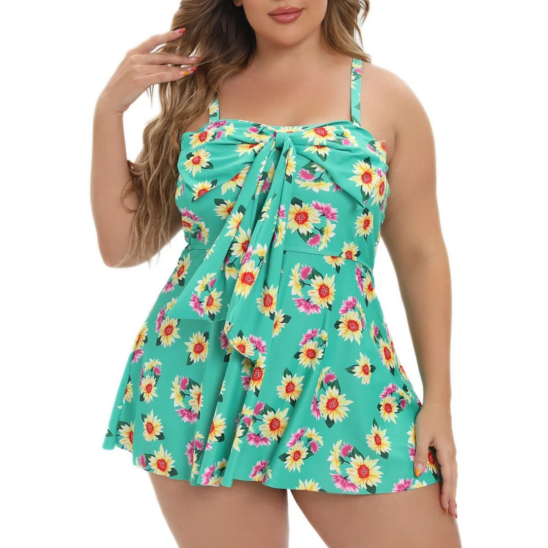 Fat plus print swimsuit bow small daisy fashion skirt split split body beach swimsuit