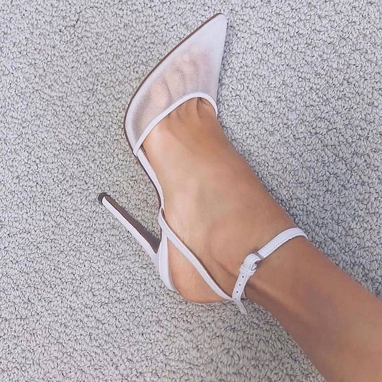 White Mesh Ankle Strap Heels Pointy Toe Stiletto Heel Pumps |FSJshoes