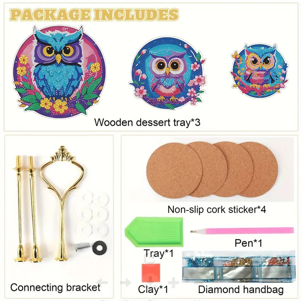3 Tier Owl Diamond Painting Serving Tray Storage Rack for Adults Beginners