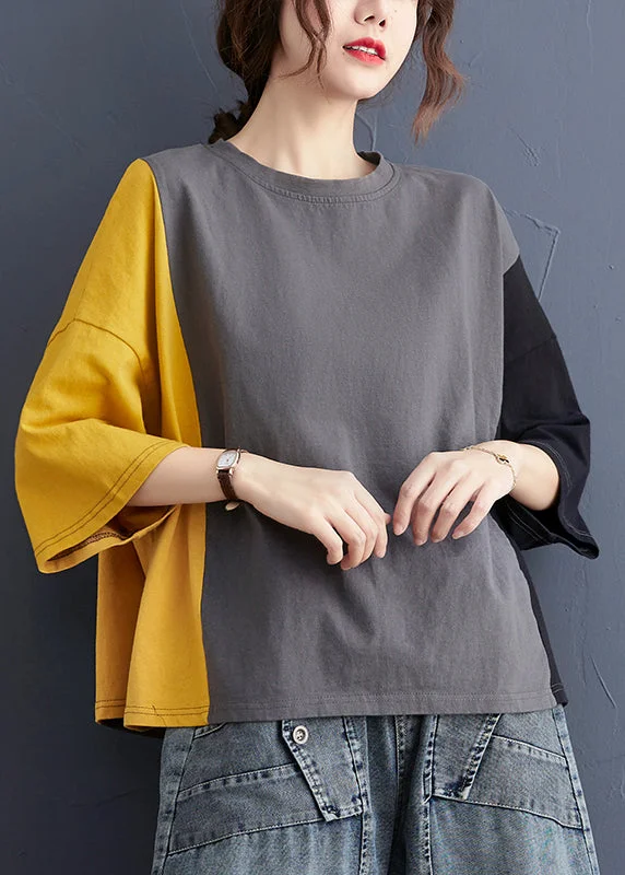 Chic Colorblock Oversized Patchwork Cotton Tanks Batwing Sleeve