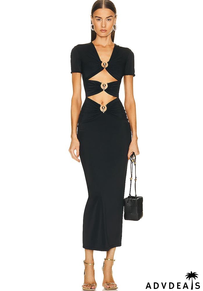 Women's Summer Metallic Sexy And Elegant Long Slim-Fitting Short-Sleeved Bandage Dress