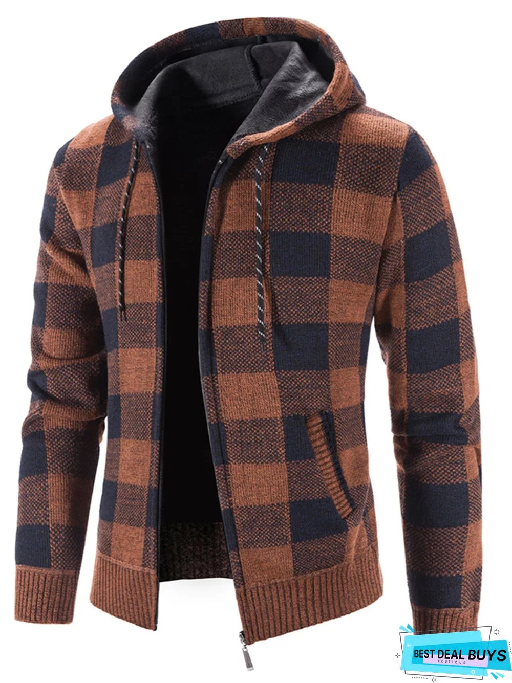 Men's Plaid Color Matching Hooded Loose Long Sleeve Sweater Coat