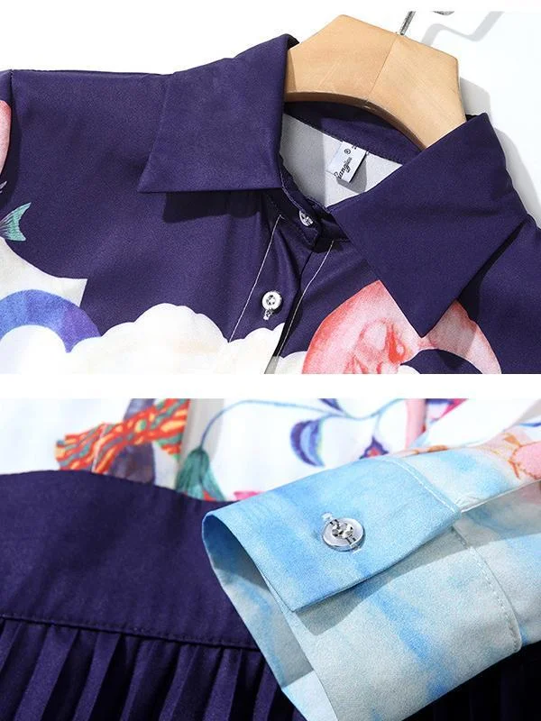 Elegant dress women pleated print lapel long sleeves