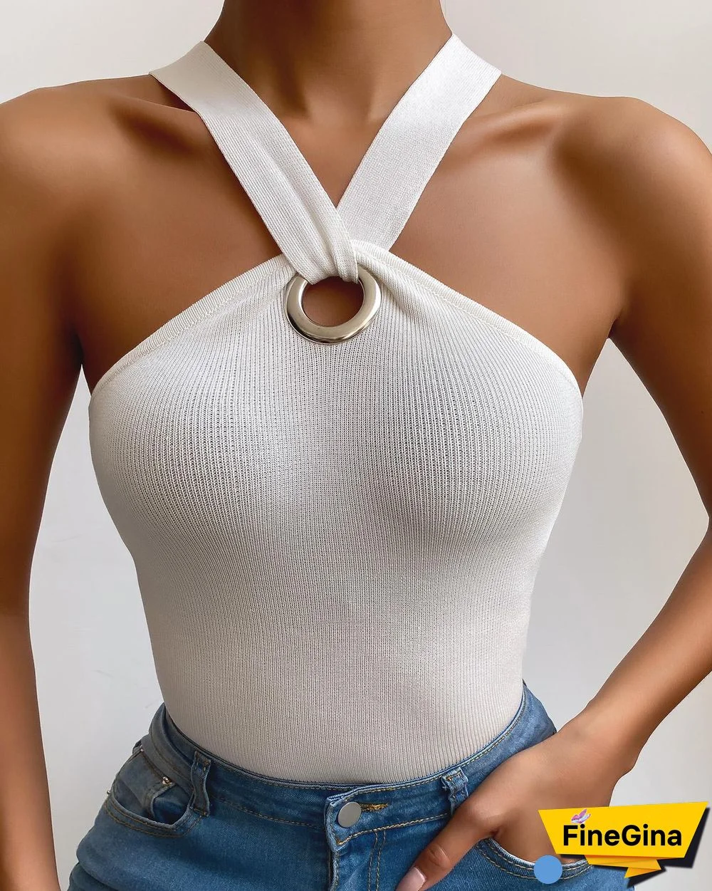 O-Ring Cold Shoulder Knit Basic Top